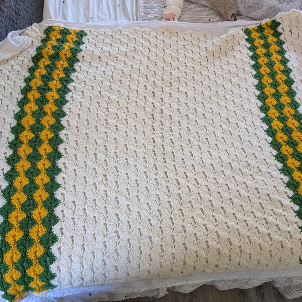 Handmade Crochet Granny Square Blanket White Green & Gold Vintage
